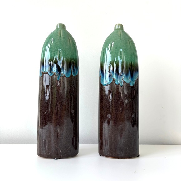 Hostess Potteries Other - Hostess Potteries Drip Glaze Ceramic Bud Vase Set 2 Green Brown Blue 10.5" 2005
